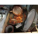 A box of assorted items including a food warming plate, copper kettle,