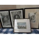 Four pictures and engravings including Framlingham Castle, West Street Rye,