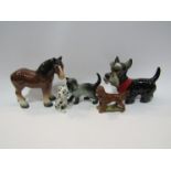 Three ceramic dog figures including Wade and a Sylvac cat and horse (5)