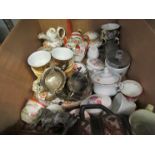 A box containing assorted china and plated wares including Royal Worcester, teapot,