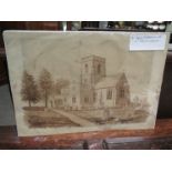 A sepia watercolour of Norfolk Church. Unsigned.