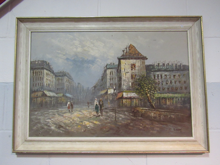 Oil on canvas by Burnet, people walking across a square beside cafes in Paris, signed lower right,