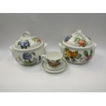 Two Portmeirion casserole dishes, one with mis-matched base, with cup saucer and coaster,