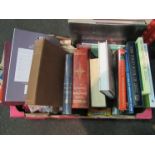 A box of assorted books including OS maps etc