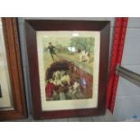 A framed and glazed print "On Tour" depicting puppies near oncoming train,