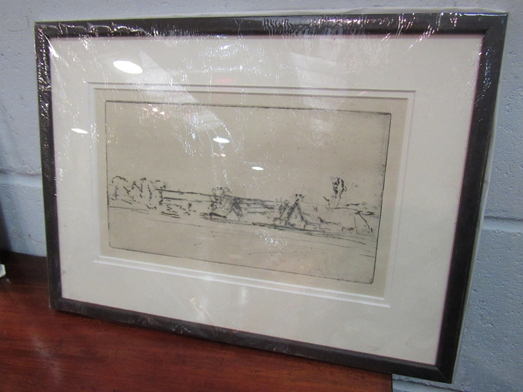 Harry Becker (1865-1952) Etching drypoint of farm cottages, framed and glazed,