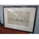 Harry Becker (1865-1952) Etching drypoint of farm cottages, framed and glazed,