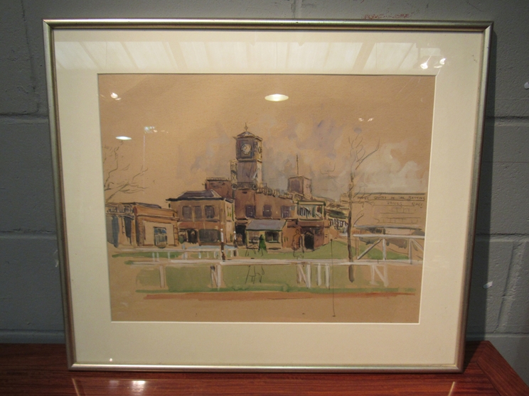 A framed and glazed watercolour and pencil study of racecourse buildings with rails and figures to