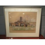 A framed and glazed watercolour and pencil study of racecourse buildings with rails and figures to