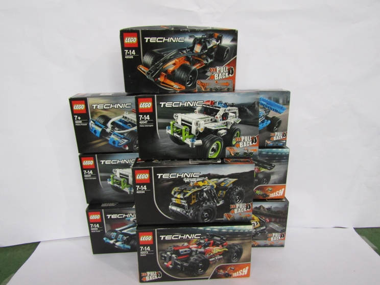 Ten Lego Technic Pull Back sets; 42073 Bash!, 42091 Police Pursuit (x2),