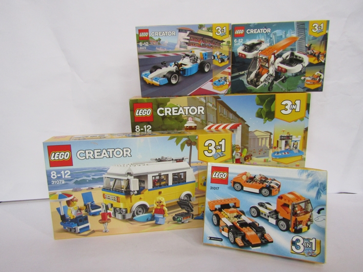 Five unopened Lego Creator sets; 31079, 31077, 31072, 31017,