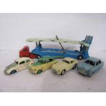 A Corgi Major Toys diecast Carrimore Car Transporter and four Dinky (Meccano) cars including Morris