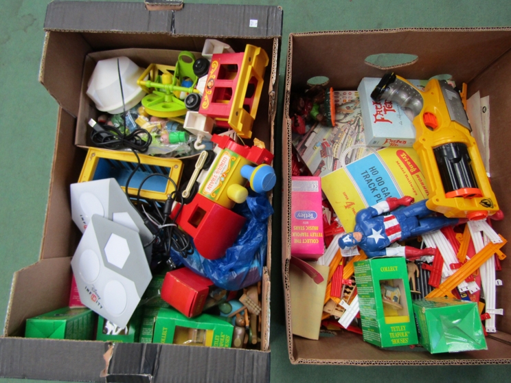 Two boxes of mixed toys includng Nerf gun,