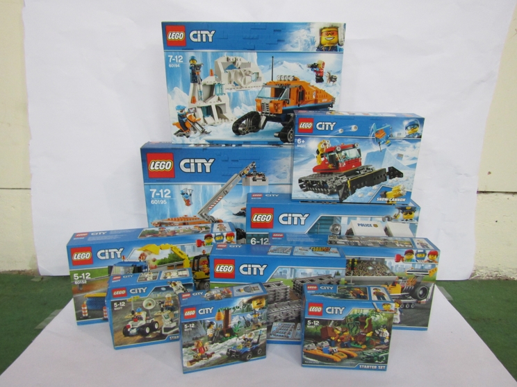 Ten unopened Lego City sets; 61071, 60077, 60157, 7499, 60152, 60139, 60151, 60222,