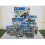 Ten unopened Lego City sets; 61071, 60077, 60157, 7499, 60152, 60139, 60151, 60222,