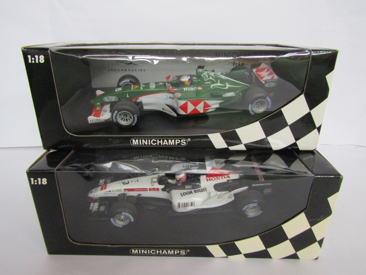 Two boxed Minichamps diecast 1:18 scale Formula One cars to include Christian Klien Jaguar Racing