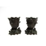 A pair of cast bronze floral pots with dragon embellishment,