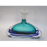 A Jane Charles studio glass bottle with encased swirls of blue and turquoise body, with stopper,