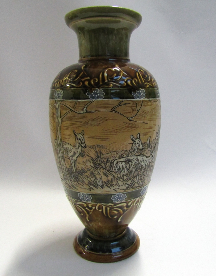 A Doulton Lambeth vase, deer at rest under tree, by Hannah B. - Image 2 of 4