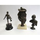 Three bronze figures, including two female busts and an Eastern ball balancer, 24,