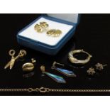 Gold items including necklace, earring, scissors charm etc a/f, 4.