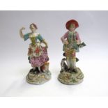 A pair of porcelain figures, lady and gent, one majorly restored, 19.