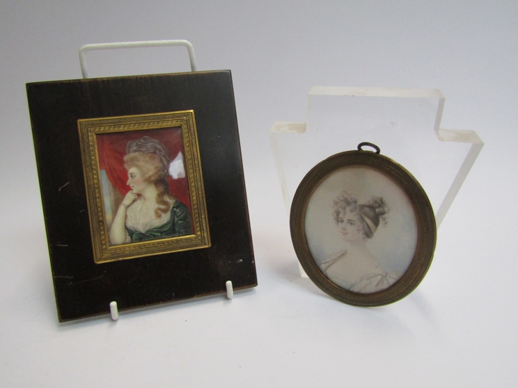 Two 19th Century miniature portraits of lady's, one with ribbon in her hair, 7.