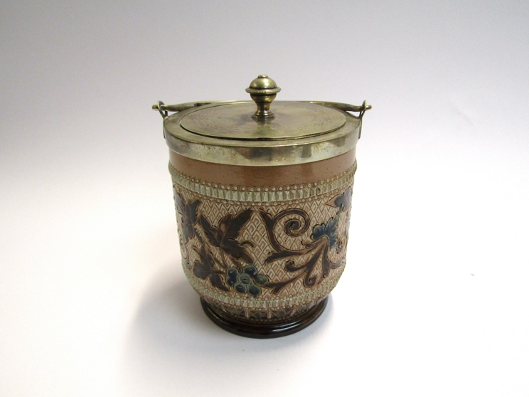 A Doulton Lambeth biscuit barrel by Edith D.