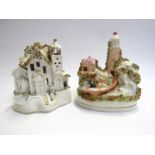 A Staffordshire flatback pastel burner in the form of a house and Staffordshire figure Brace