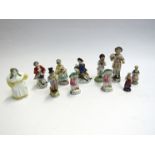 Eleven miniature porcelain figures including Worcester "French Cook" candle snuffer, tallest 9cm,