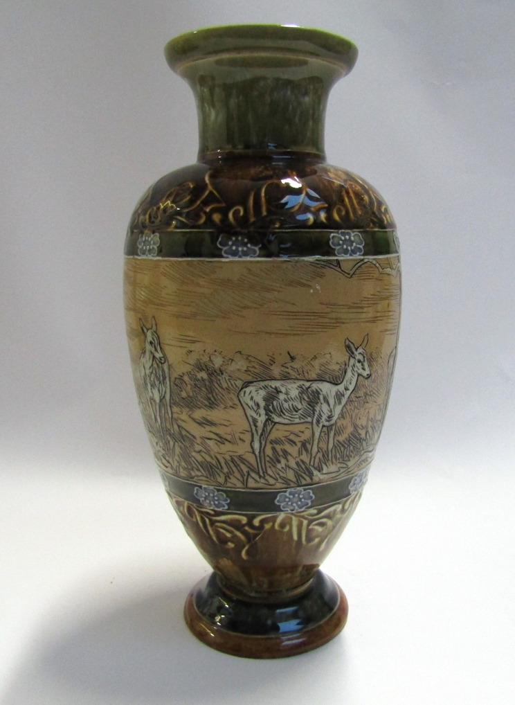 A Doulton Lambeth vase, deer at rest under tree, by Hannah B. - Image 3 of 4