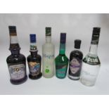 Six mixed cocktail spirits, Creme de Cassis, De Kuyper Creme de Menthe,,