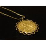 An 1891 gold sovereign in mount on 9k chain, 40cm long, 14.