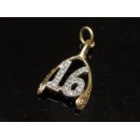 A 9ct gold and cubic zirconia "16" horse shoe pendant,