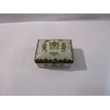 A French porcelain trinket box with handpainted interior and exterior on white ground, armorial,