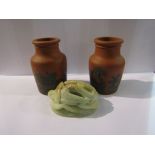 A pair of red clay pots with transfer printed design and a soapstone scarab snake ornament (3)