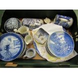 A collection of Copenhagen blue and white collectors plates and assorted jugs etc.