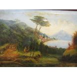 A 19th Century European coastal scene, volcano to background, framed, possibly Italian,