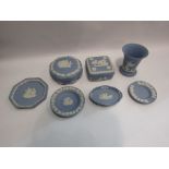 Seven pieces of Wedgwood blue Jasperware