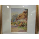 A framed and glazed Victorian watercolour, cottage scene with figures.