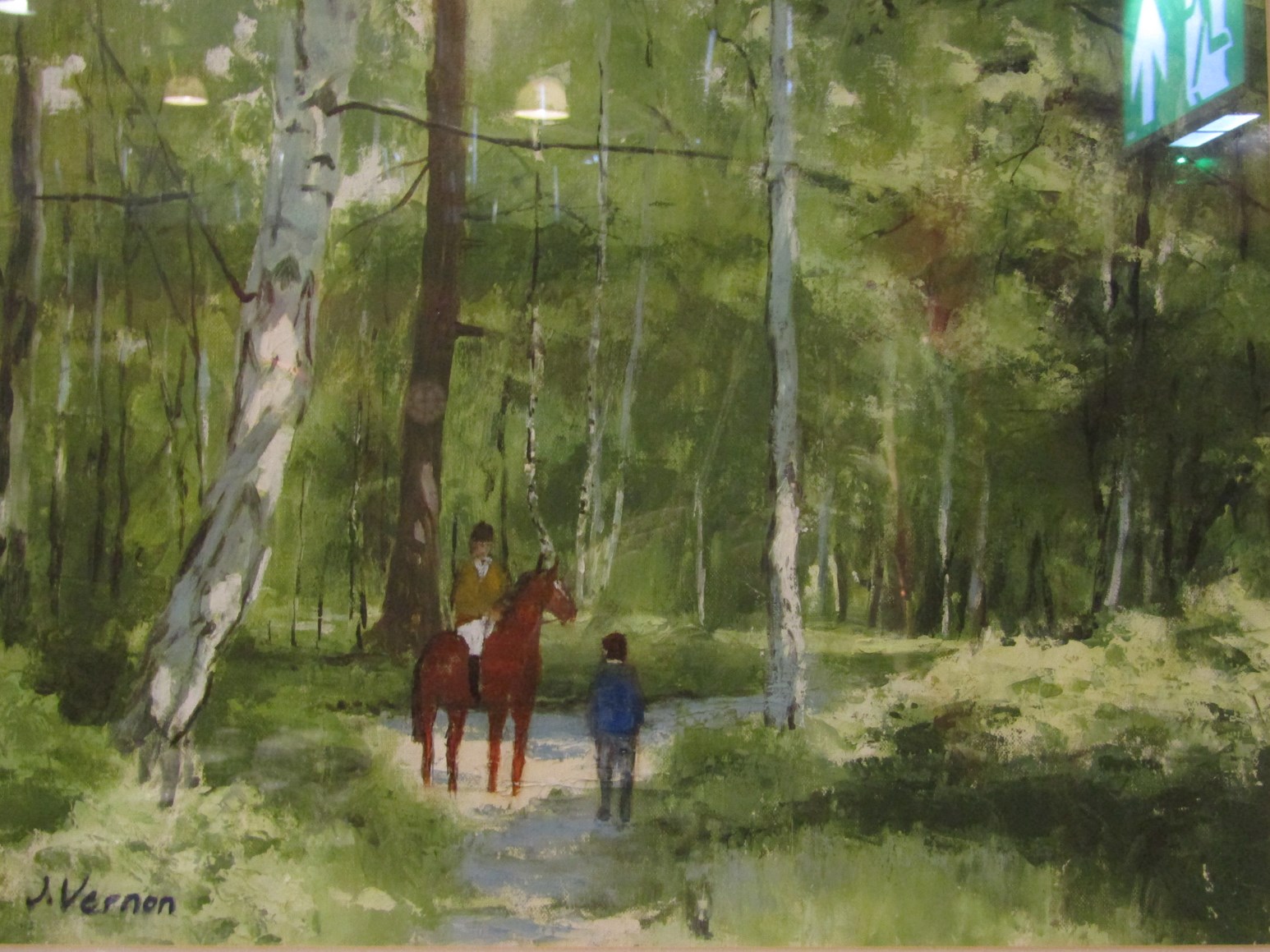 JAMES VERNON (XX/XXI) A framed and glazed oil on paper, horse and rider on woodland path, signed,