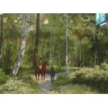 JAMES VERNON (XX/XXI) A framed and glazed oil on paper, horse and rider on woodland path, signed,