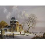 BERNARD PAGE: An oil on board of winter scene, ice skaters on river, gilt framed,