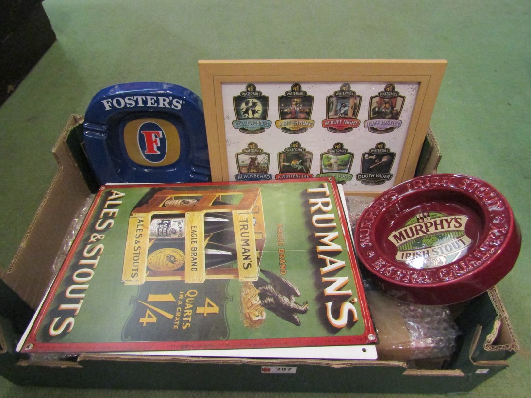 Two boxes containing a quantity of brewery related items including signs,