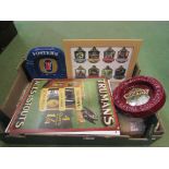 Two boxes containing a quantity of brewery related items including signs,
