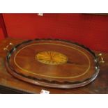 A Victorian mahogany galleried tray with central shell marquetry