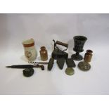 Mixed bygones including iron, tankard, vesta cases,