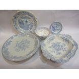 Five pieces of 19th Century blue and white ceramics including dish,