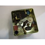 A tin of small collectibles including Bilston and Battersea enamel box and cloisonne enamel bowl,