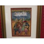 An Indian Mughal painting of figures and elephant, framed and glazed,